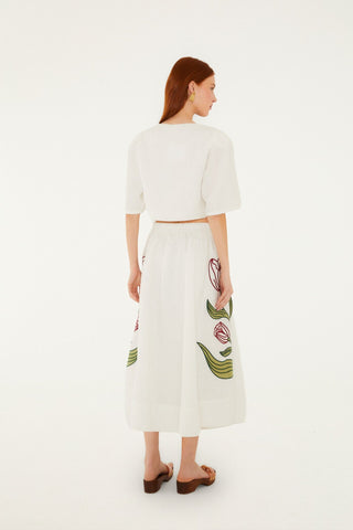 Falda FARM Rio midi Bordado floral en Lino