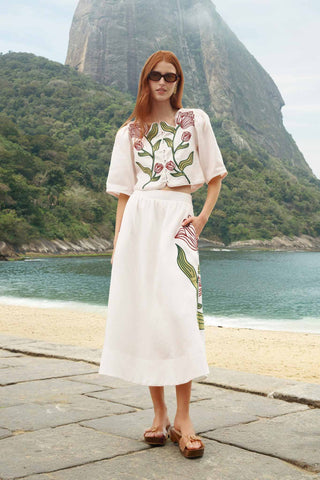 Falda FARM Rio midi Bordado floral en Lino