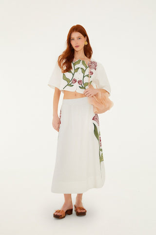 Falda FARM Rio midi Bordado floral en Lino