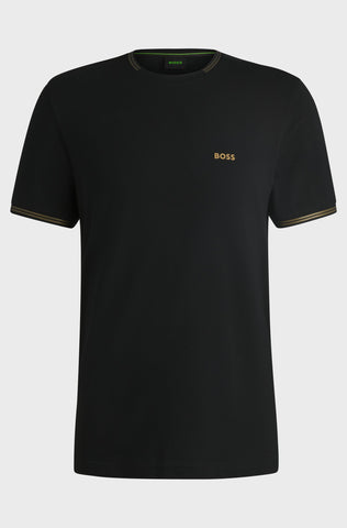 Suéter BOSS Regular Fit de algodón elástico con rayas y logotipo.