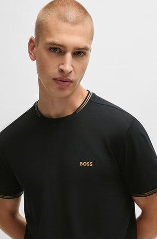 Suéter BOSS Regular Fit de algodón elástico con rayas y logotipo.