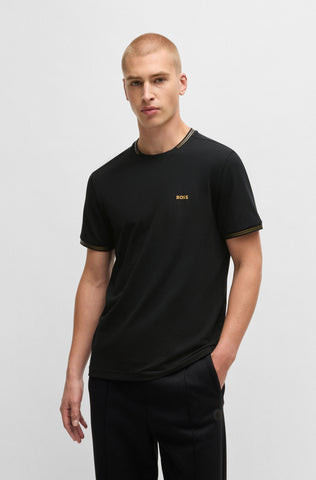 Suéter BOSS Regular Fit de algodón elástico con rayas y logotipo.