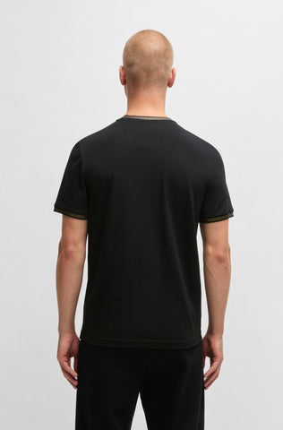 Suéter BOSS Regular Fit de algodón elástico con rayas y logotipo.