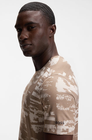 Camiseta BOSS Green Slim Fit con Patrón Jacquard Abstracto - Beige