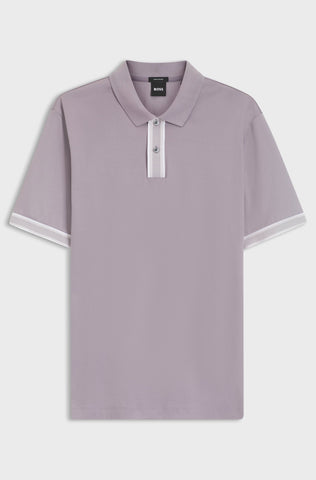 Polo BOSS de Algodón Mercerizado con Detalles de Rayas Contrastantes - Morado Claro