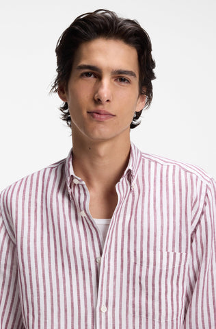 Camisa BOSS de Lino Regular Fit a Rayas con Cuello Button-Down