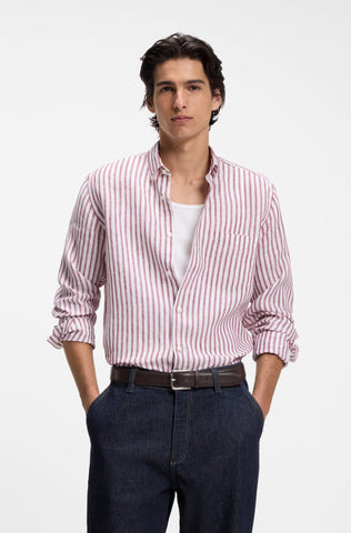 Camisa BOSS de Lino Regular Fit a Rayas con Cuello Button-Down