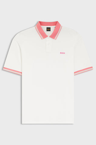 Polo BOSS Regular Fit de Algodón Mercerizado con Detalles en Contraste - Blanco/Rosa