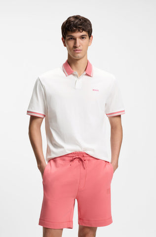 Polo BOSS Regular Fit de Algodón Mercerizado con Detalles en Contraste - Blanco/Rosa