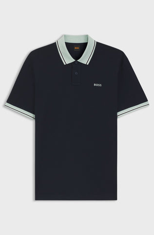 Polo BOSS Regular Fit de Algodón Mercerizado con Detalles en Contraste - Azul Marino/Verde Menta