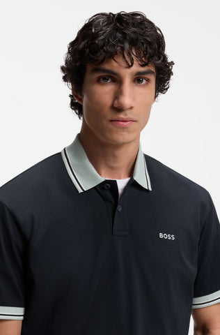 Polo BOSS Regular Fit de Algodón Mercerizado con Detalles en Contraste - Azul Marino/Verde Menta