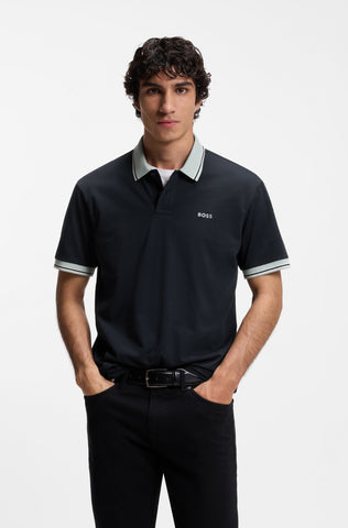 Polo BOSS Regular Fit de Algodón Mercerizado con Detalles en Contraste - Azul Marino/Verde Menta