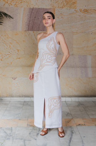 Vestido Maxi Faride Mariposa Strapless con Fruncido – Blanco
