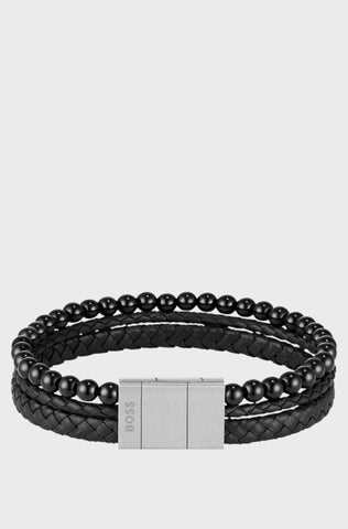 Pulsera Boss De Perlas Negras y Leather