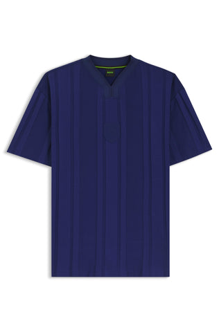 Camiseta BOSS Soccer con Cuello en V y Textura Vertical Relaxed Fit - Azul Marino