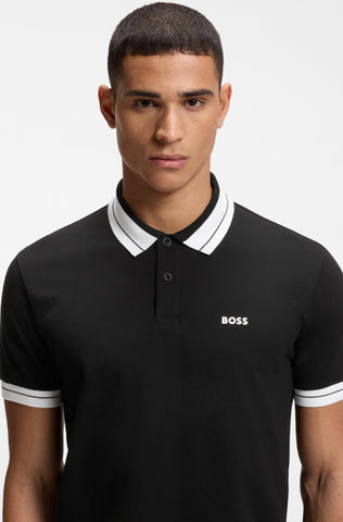 Polo BOSS Green de Algodón Piqué con Cuello en Contraste - Negro