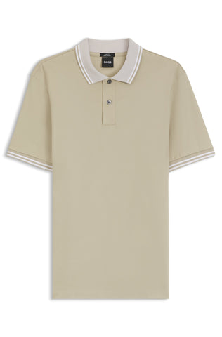 Polo BOSS Slim Fit en Algodón Mercerizado con Cuello a Rayas - Beige