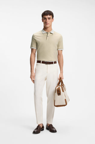 Polo BOSS Slim Fit en Algodón Mercerizado con Cuello a Rayas - Beige