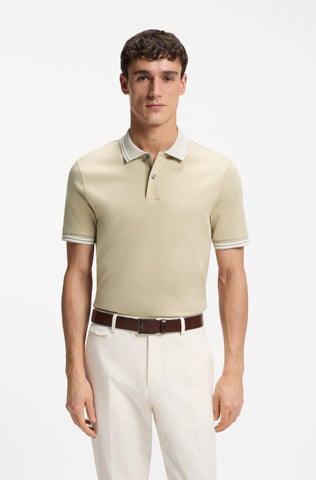 Polo BOSS Slim Fit en Algodón Mercerizado con Cuello a Rayas - Beige