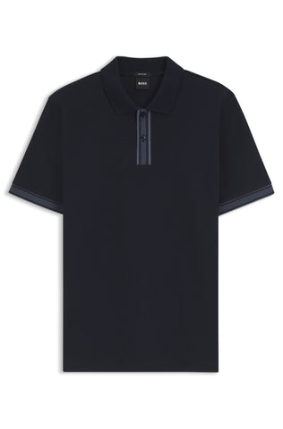 Polo BOSS de Algodón Mercerizado con Detalles de Rayas Contrastantes - Azul Marino