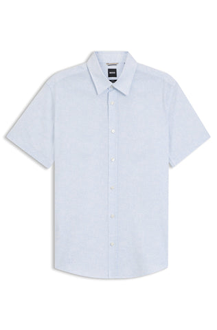 Camisa BOSS Slim Fit de Lino Elástico  Manga Corta - Azul Claro