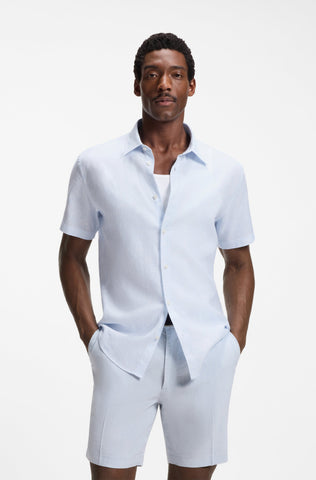 Camisa BOSS Slim Fit de Lino Elástico  Manga Corta - Azul Claro