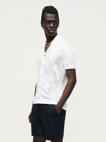 Camisa Tejida BOSS de Manga Corta con Cuello Abierto - Blanco