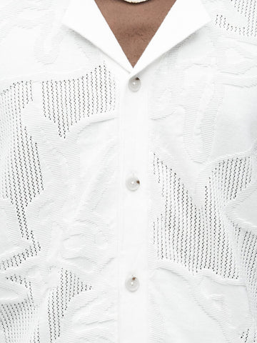 Camisa Tejida BOSS de Manga Corta con Cuello Abierto - Blanco