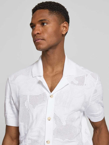 Camisa Tejida BOSS de Manga Corta con Cuello Abierto - Blanco