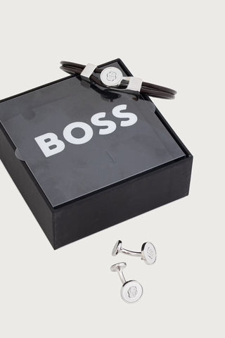 Set de Pulsera y Gemelos BOSS B-Beyond de Piel – Marrón / Plateado