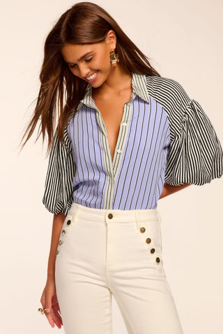 Blusa Ramy Brook Flor de Rayas con Mangas Abullonadas