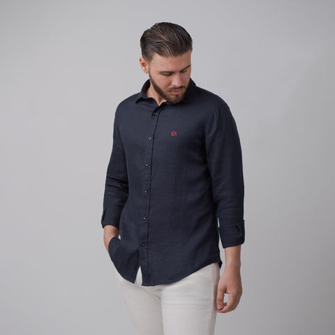 Camisa en Lino Club Bertín Mangas Larga Con Logo Bordado Regular Fit