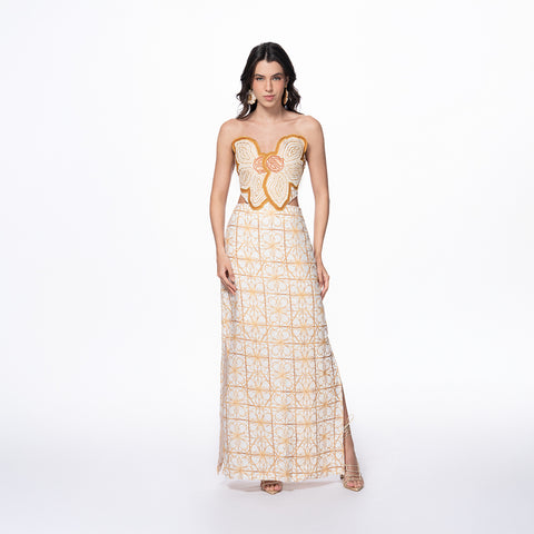 Vestido Maxi Simona Glow de Lino Bordado Floral