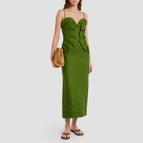 Vestido Maxi Farm Rio green monstera leaf sleeveless en Lino Premium