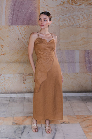 Vestido Midi Faride Violetilla con Detalle Floral – Marrón
