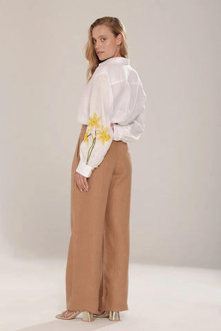 Pantalón en Lino Natural Zali Faride Botones chapado en Oro 24k